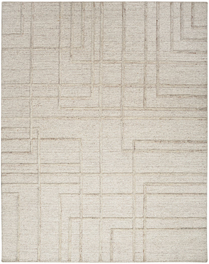 Beige textured rug with a subtle raised geometric grid of interlocking rectangles.