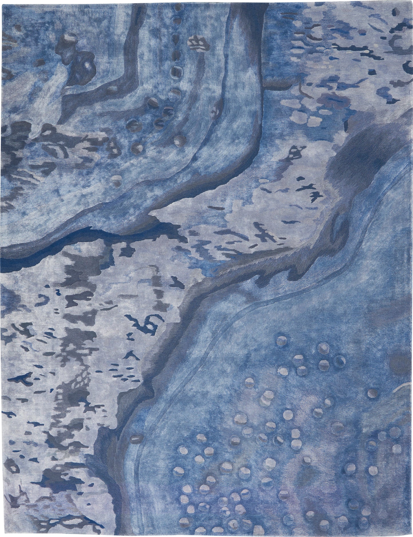 Blue abstract rug with flowing wave shapes, lighter & darker blues, dotted circular accents, modern art style.