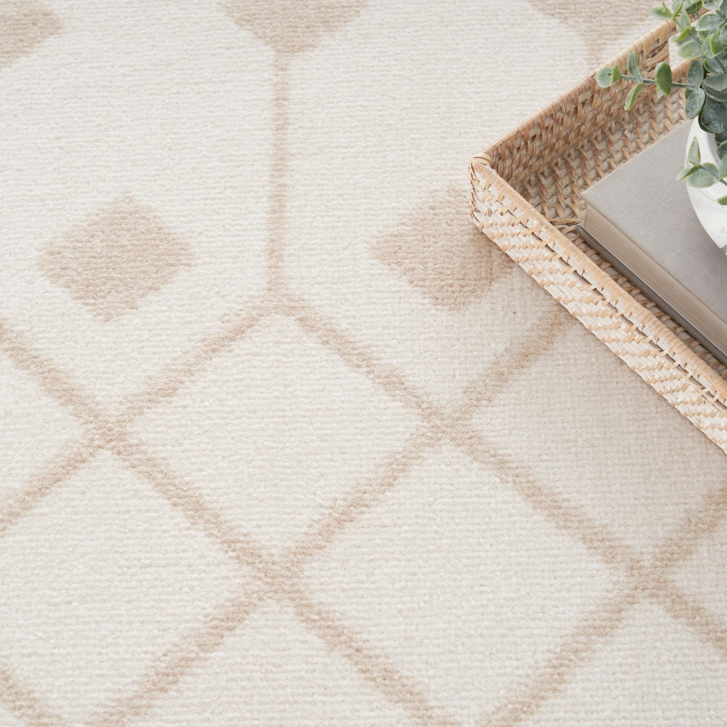 Light beige diamond-pattern rug with a woven basket, books and greenery in the top-right corner.