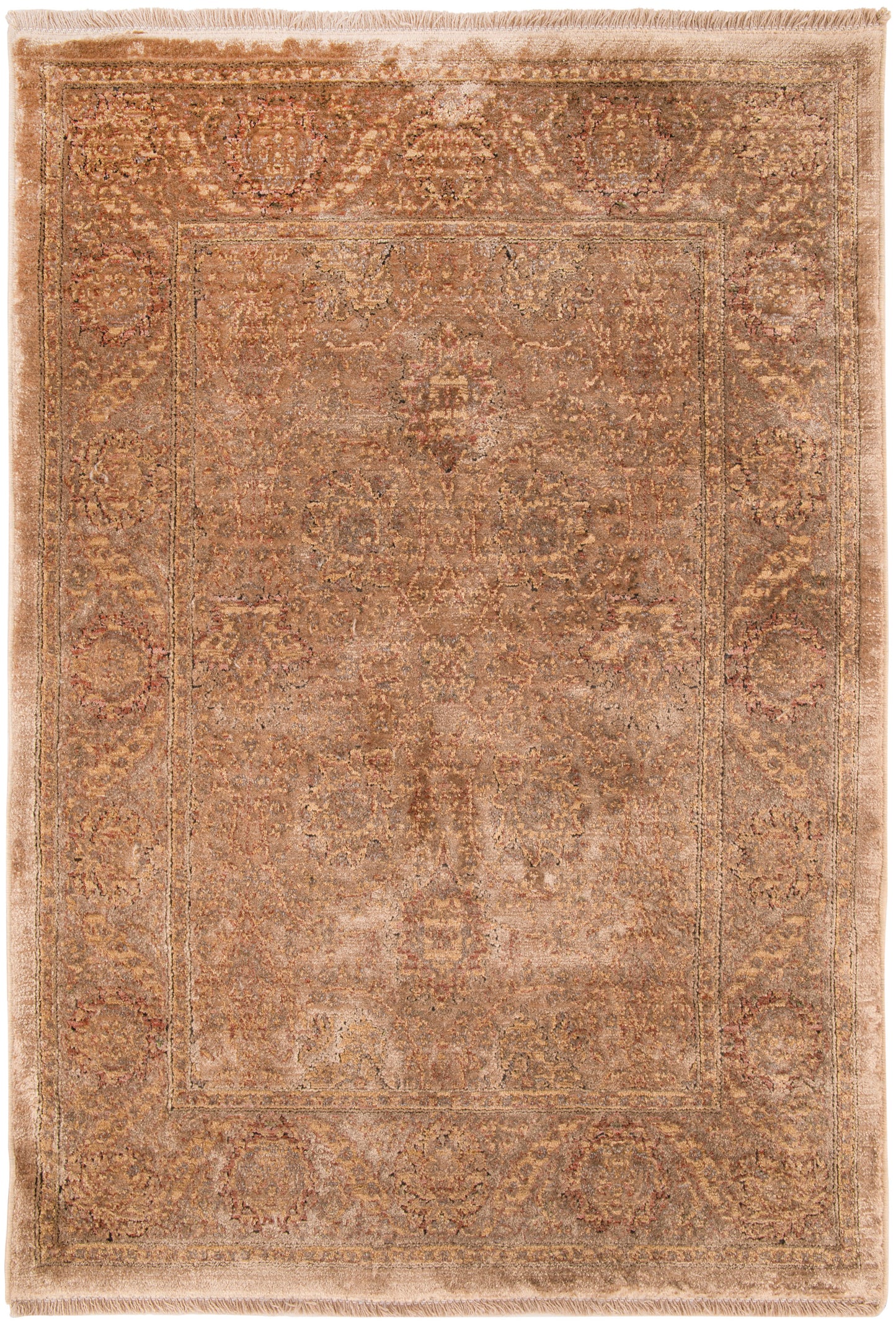 Distressed beige-brown Persian-style area rug with central medallion, floral motifs, ornate border and fringed edges.