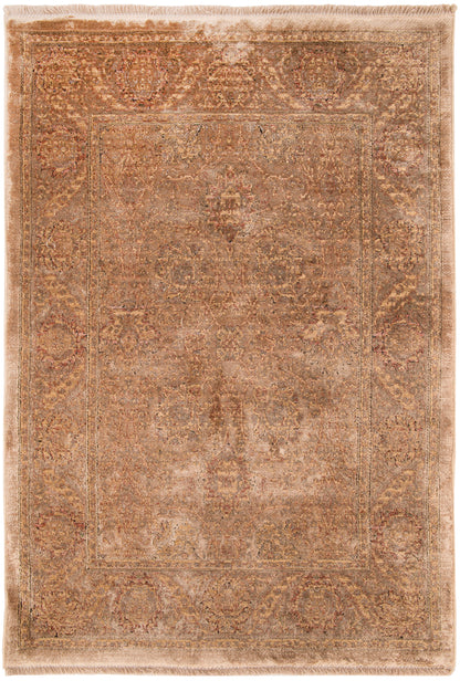 Distressed beige-brown Persian-style area rug with central medallion, floral motifs, ornate border and fringed edges.