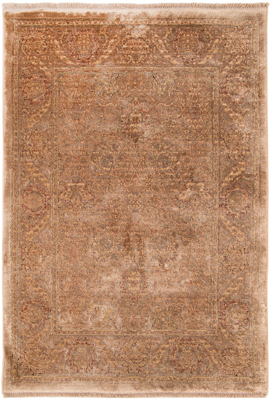 Distressed beige-brown Persian-style area rug with central medallion, floral motifs, ornate border and fringed edges.