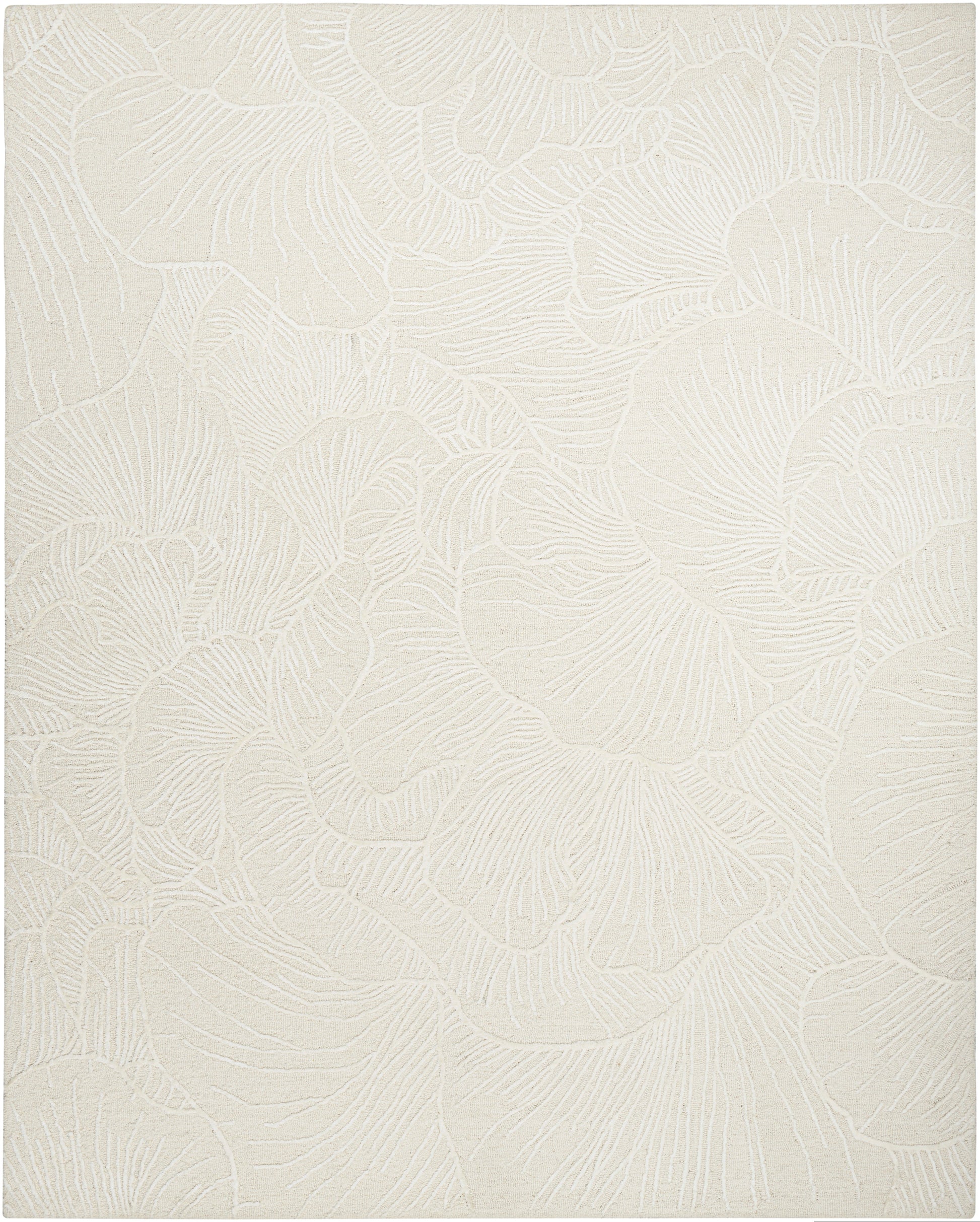 Cream textured rug with a raised leafy floral pattern, subtle neutral finish.