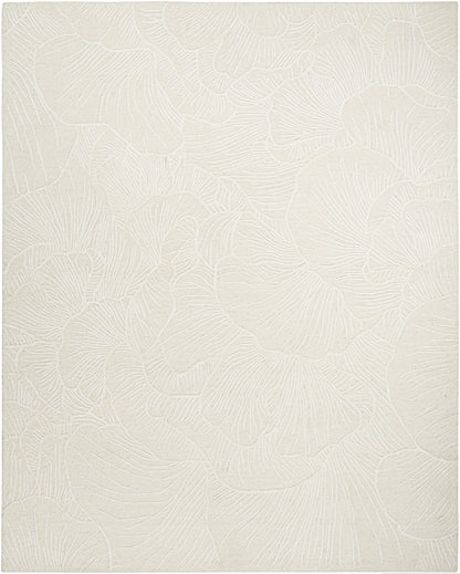 Cream textured rug with a raised leafy floral pattern, subtle neutral finish.