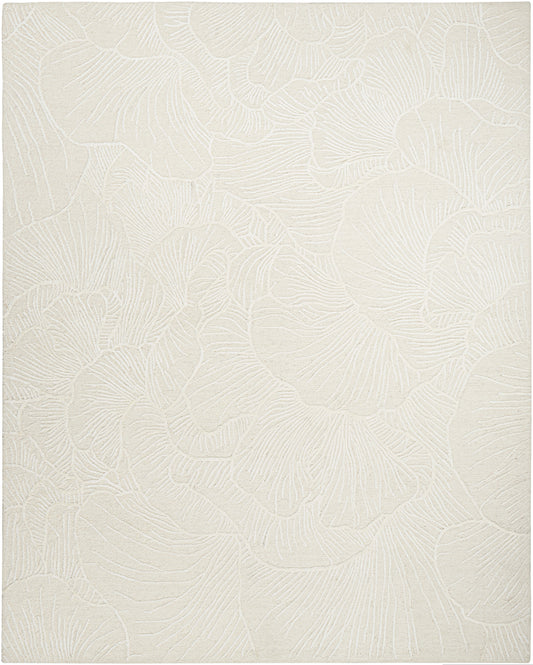Cream textured rug with a raised leafy floral pattern, subtle neutral finish.
