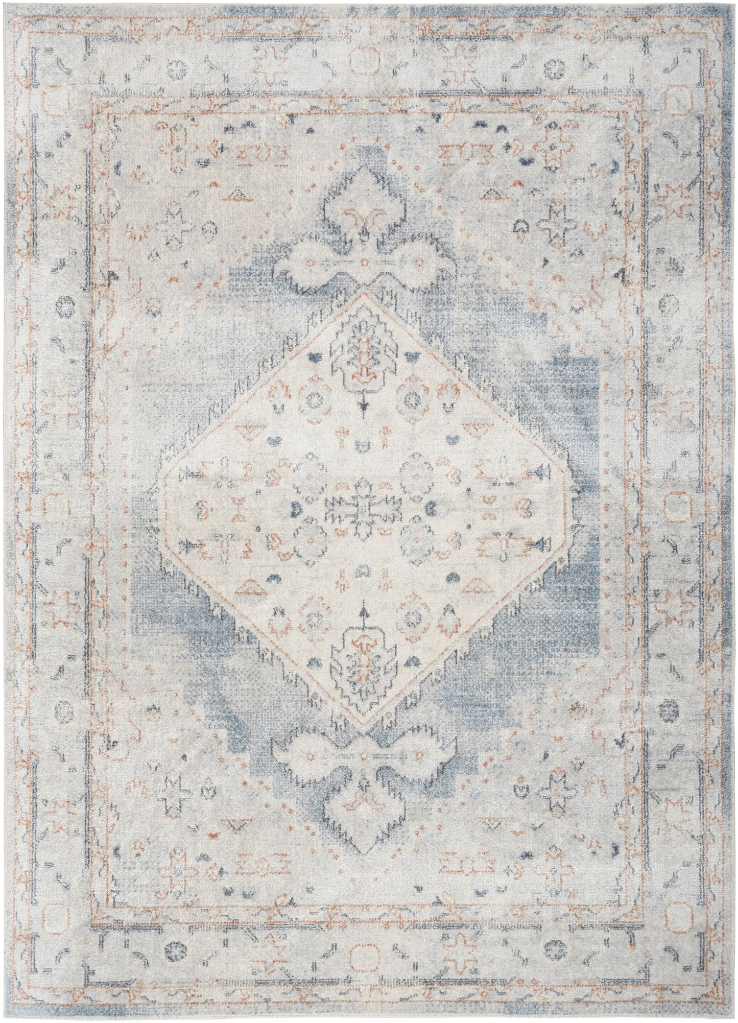 Distressed light blue and ivory woven area rug with central diamond medallion and ornate border.