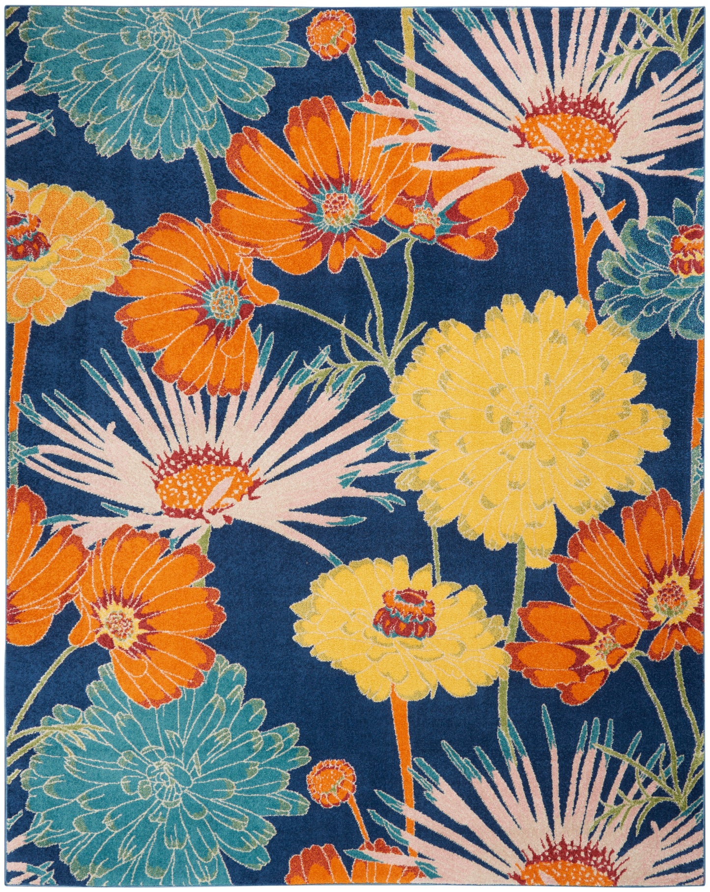 Colorful floral rug with blue background, yellow and orange flowers, teal leaves.
