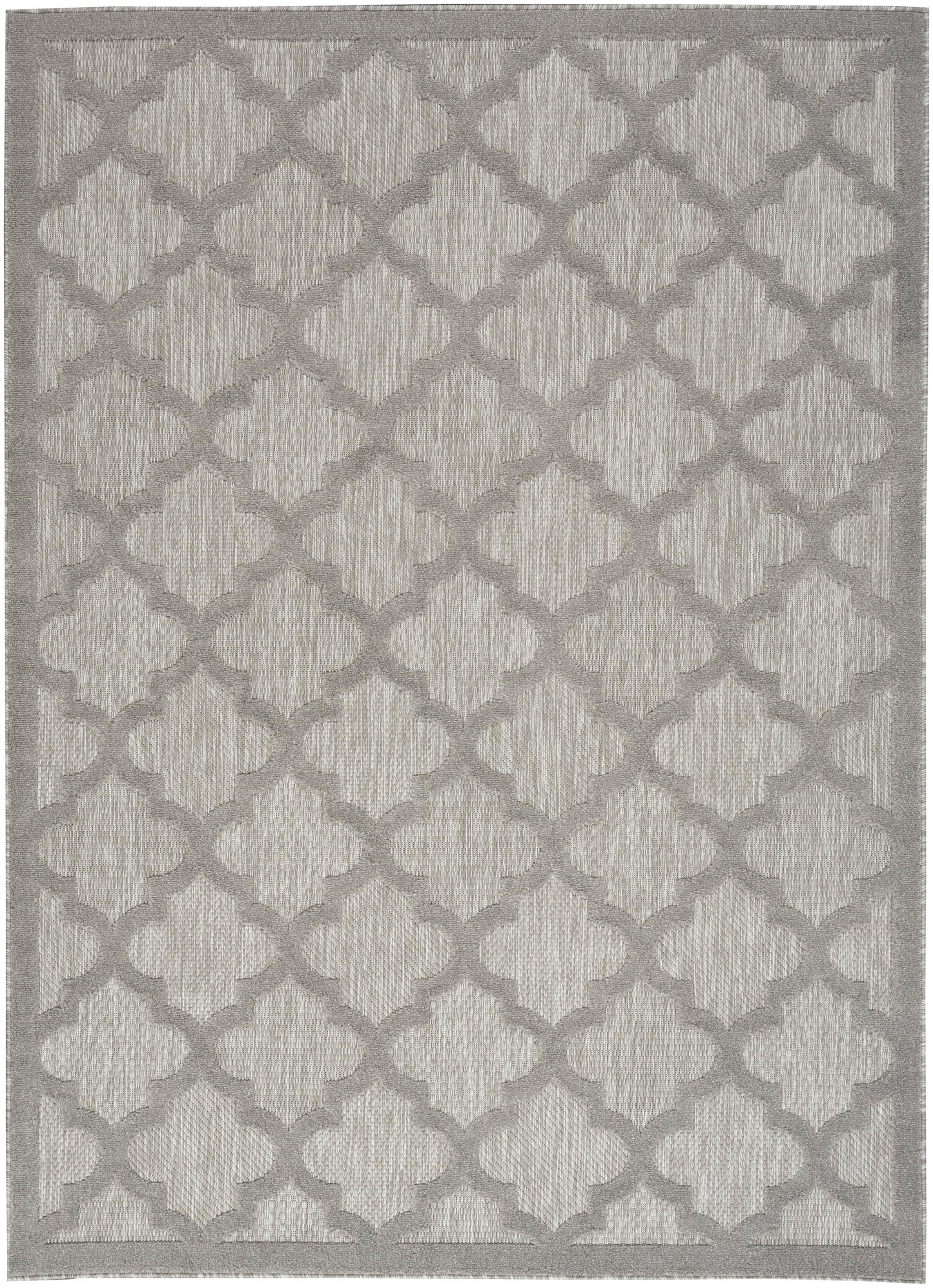Beige area rug with a gray trellis pattern; textured loop-pile fabric; rectangular with subtle border.
