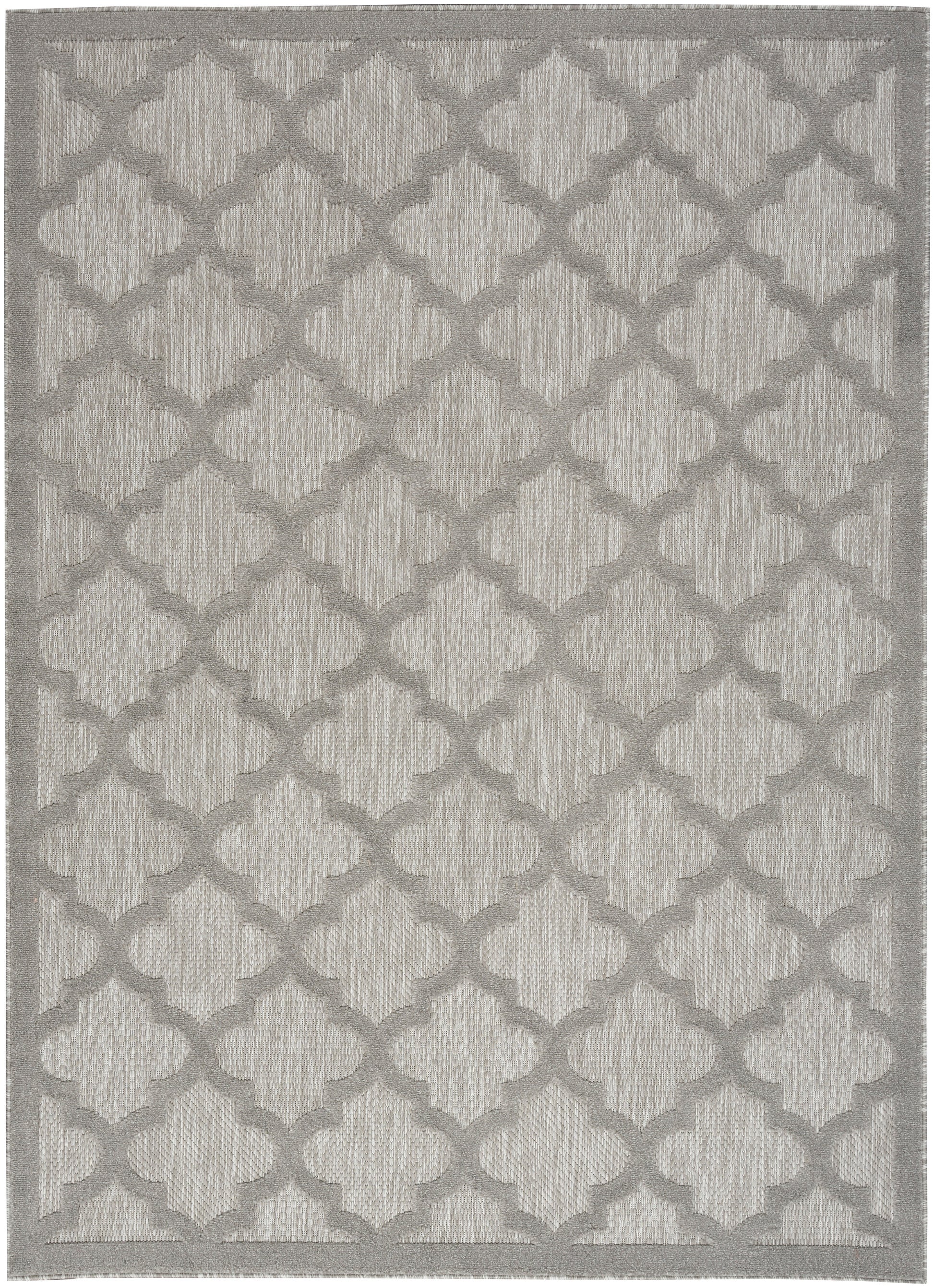 Beige area rug with a gray trellis pattern; textured loop-pile fabric; rectangular with subtle border.