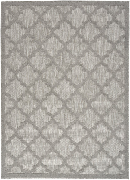 Beige area rug with a gray trellis pattern; textured loop-pile fabric; rectangular with subtle border.