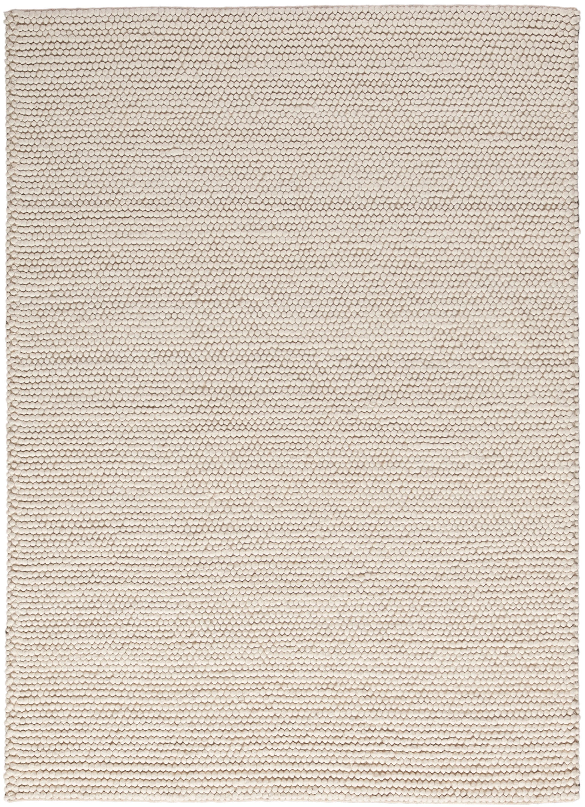 Beige cream rug with tight loop texture and small scale hexagonal pattern; rectangular, neutral home decor.