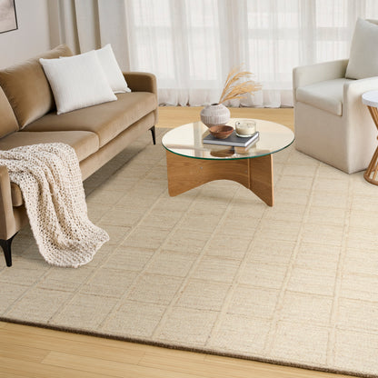 Beige area rug in a living room with a tan sofa, white pillows and a cream armchair.