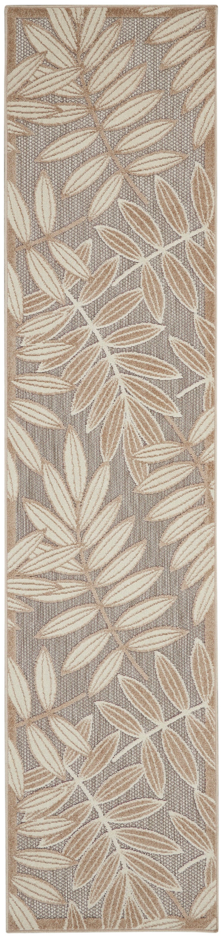 Long rectangular rug runner with cream-beige leaves on a taupe background and tan border.