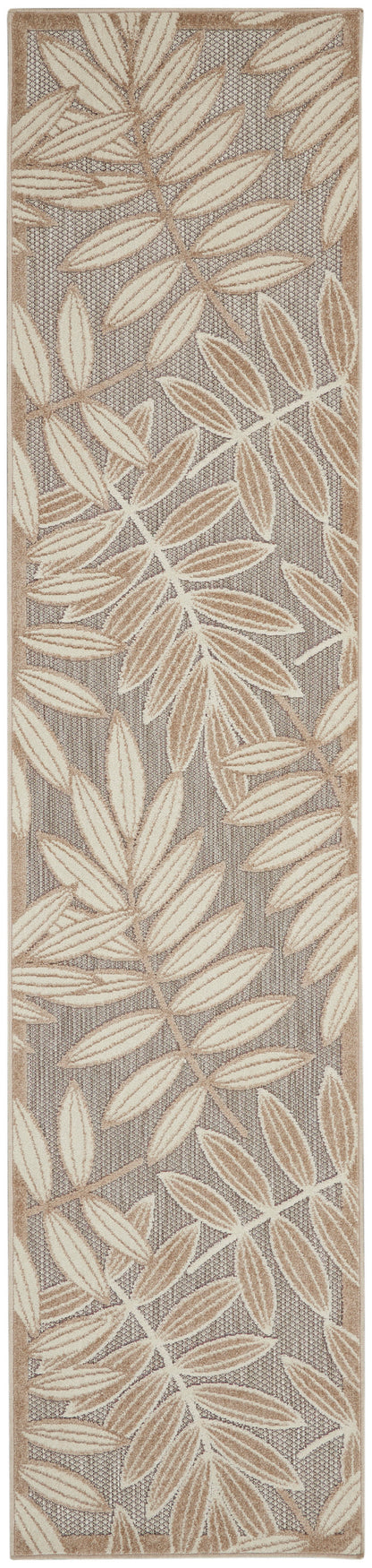 Long rectangular rug runner with cream-beige leaves on a taupe background and tan border.