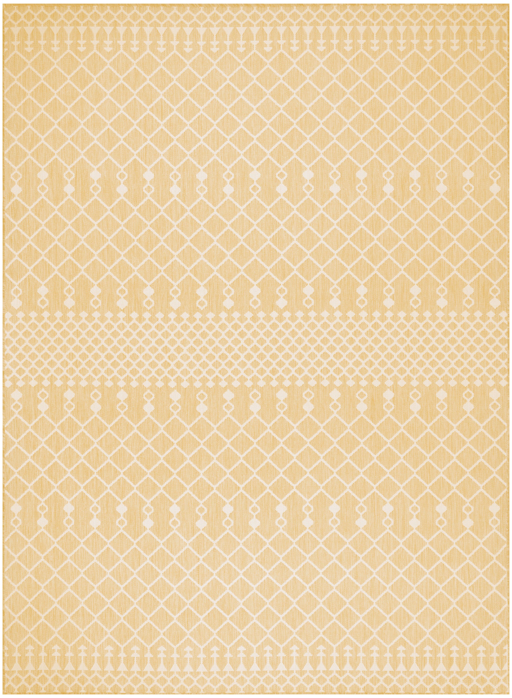 Mustard yellow area rug with white geometric lattice pattern and dotted borders.