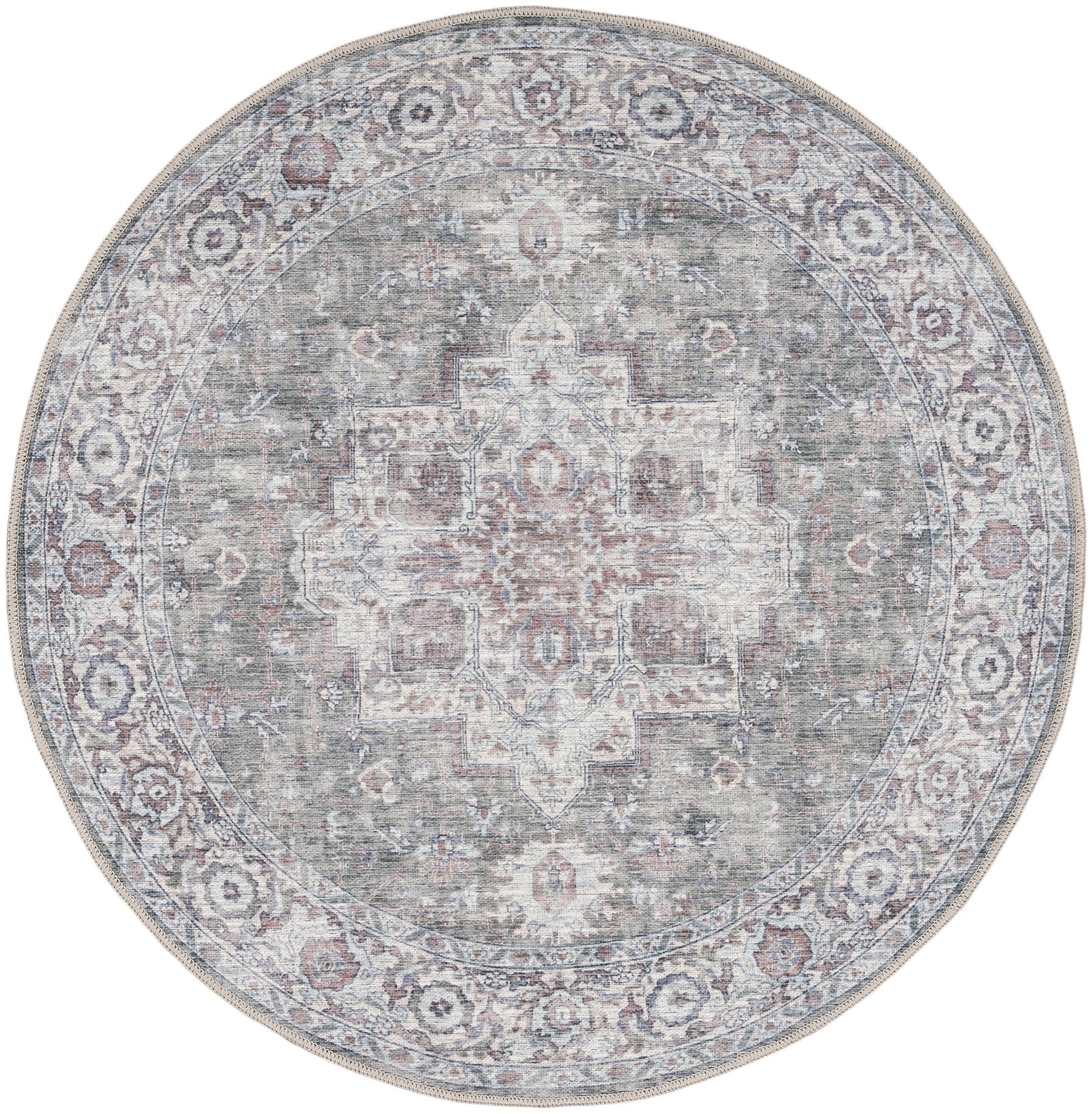 Round vintage-style round rug with faded blue-gray tones, central medallion and ornate border.