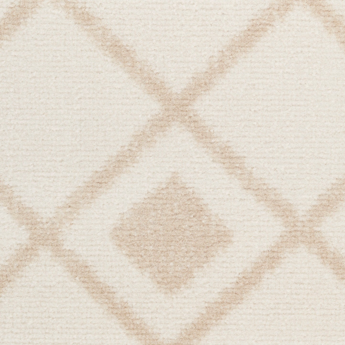 Cream rug with beige diamond lattice pattern; soft plush texture for living room decor.