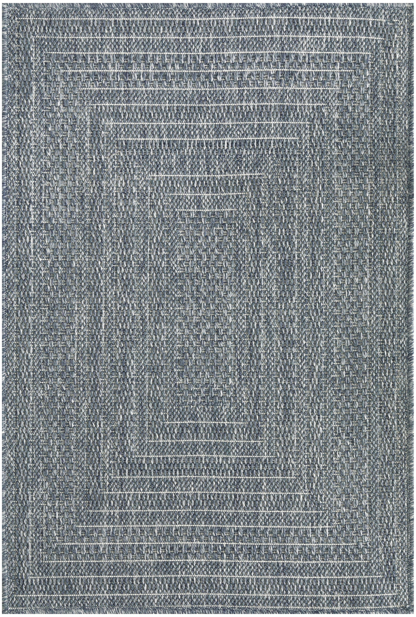 Blue-gray outdoor rug; woven texture with layered concentric rectangles and a modern geometric design, 3' x 5'.