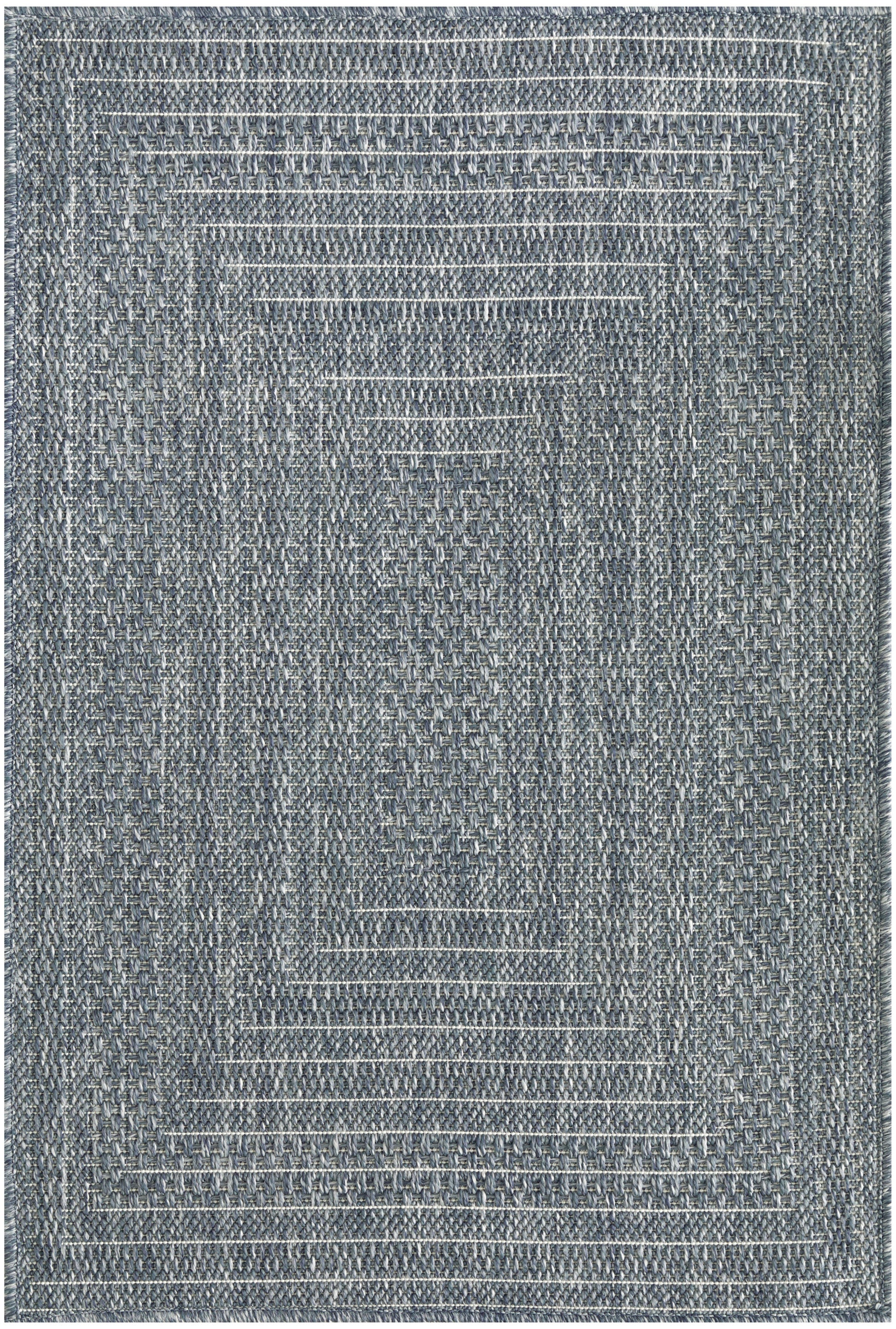 Blue-gray outdoor rug; woven texture with layered concentric rectangles and a modern geometric design, 3' x 5'.