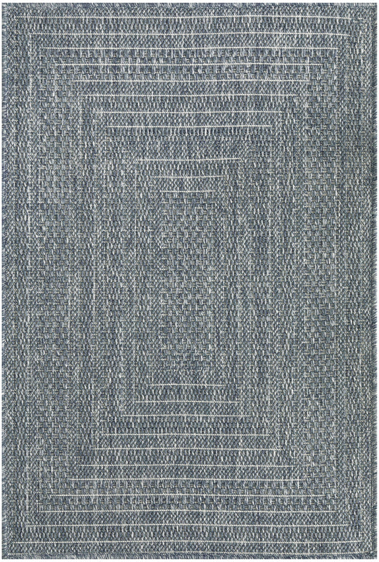 Blue-gray outdoor rug; woven texture with layered concentric rectangles and a modern geometric design, 3' x 5'.