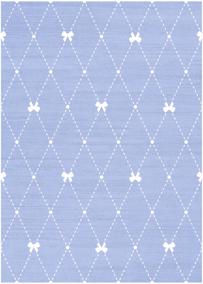 Pastel blue textured fabric with white dashed diamond lattice and small bows at lattice intersections.