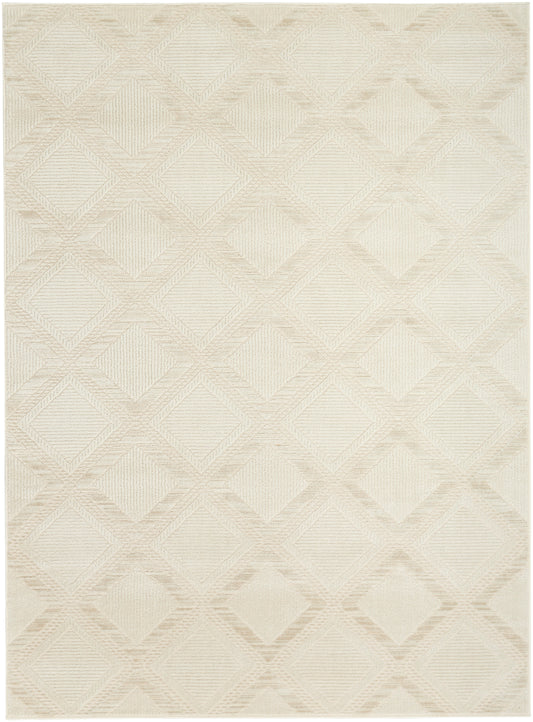 Beige woven area rug with a subtle diamond geometric pattern and textured surface; neutral, modern decor.