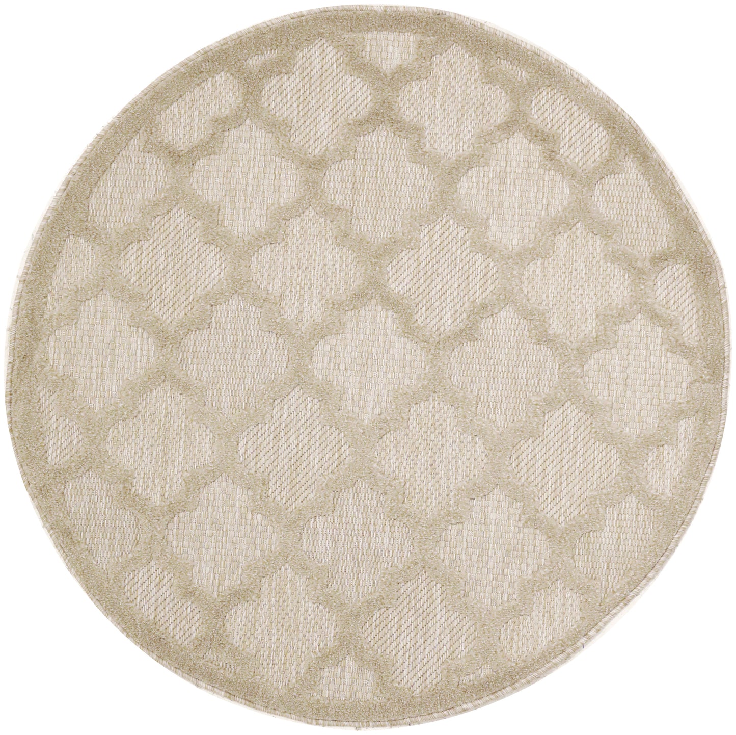 Round beige rug with woven lattice diamond pattern; neutral, textured floor decor.