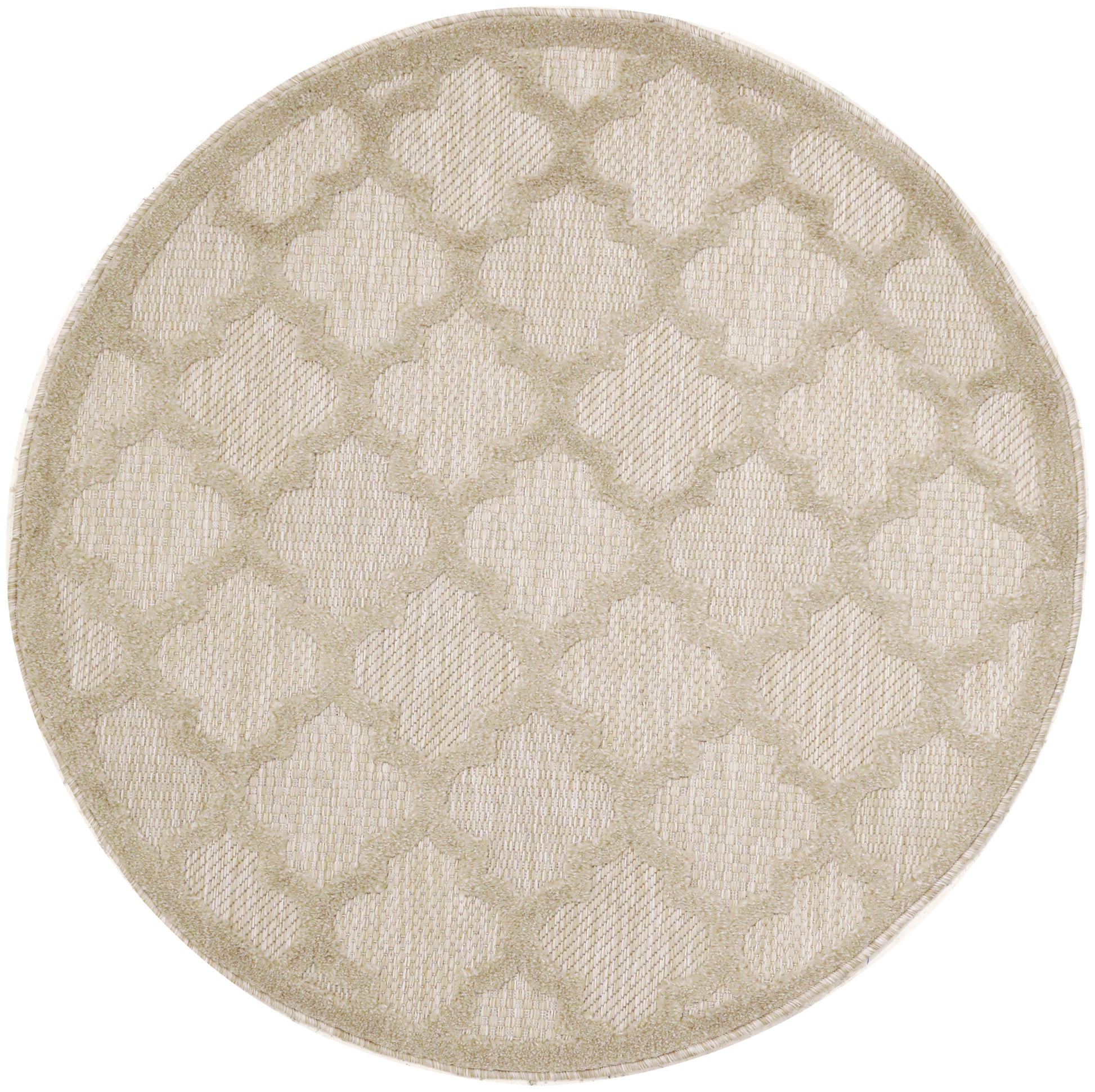 Round beige rug with woven lattice diamond pattern; neutral, textured floor decor.