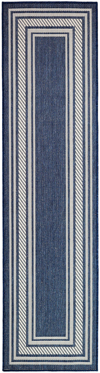 Navy blue and white woven runner rug with nested rectangular borders and diagonal striped edges.
