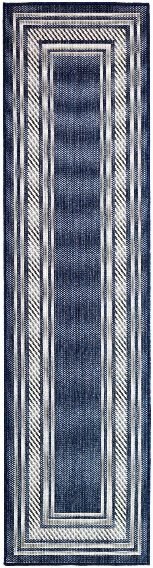 Navy blue and white woven runner rug with nested rectangular borders and diagonal striped edges.