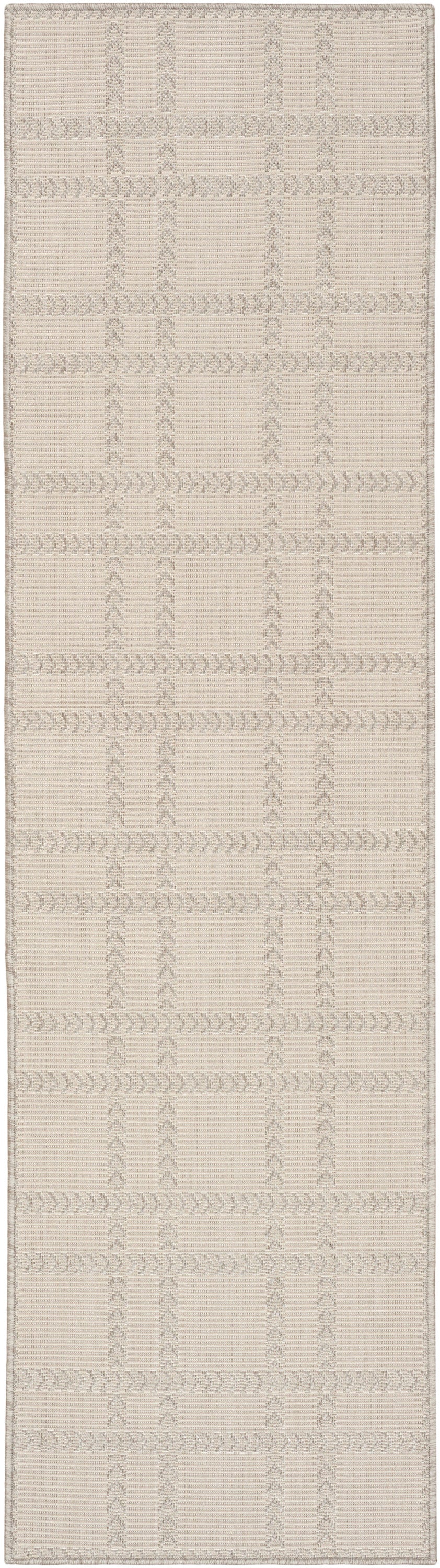 Beige woven runner rug with a subtle geometric grid pattern and textured taupe accents.