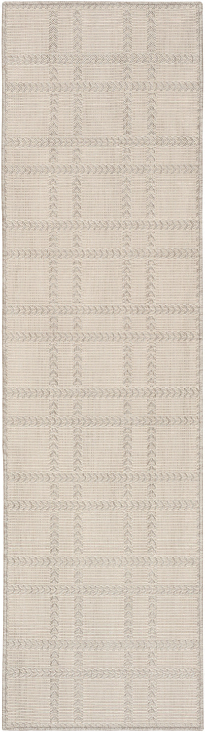 Beige woven runner rug with a subtle geometric grid pattern and textured taupe accents.