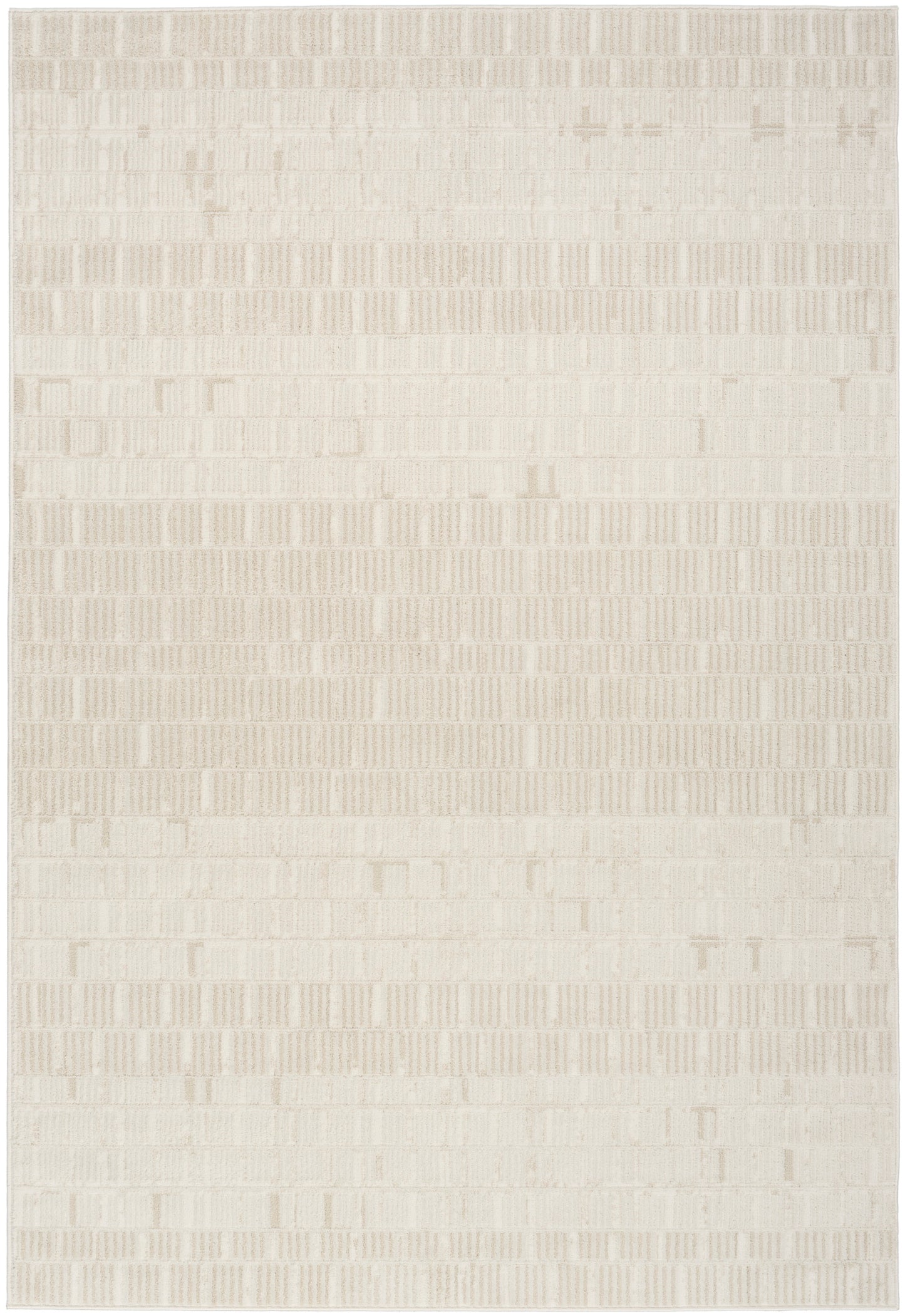 Beige textured woven rug with subtle geometric rectangular pattern, modern minimalist style.