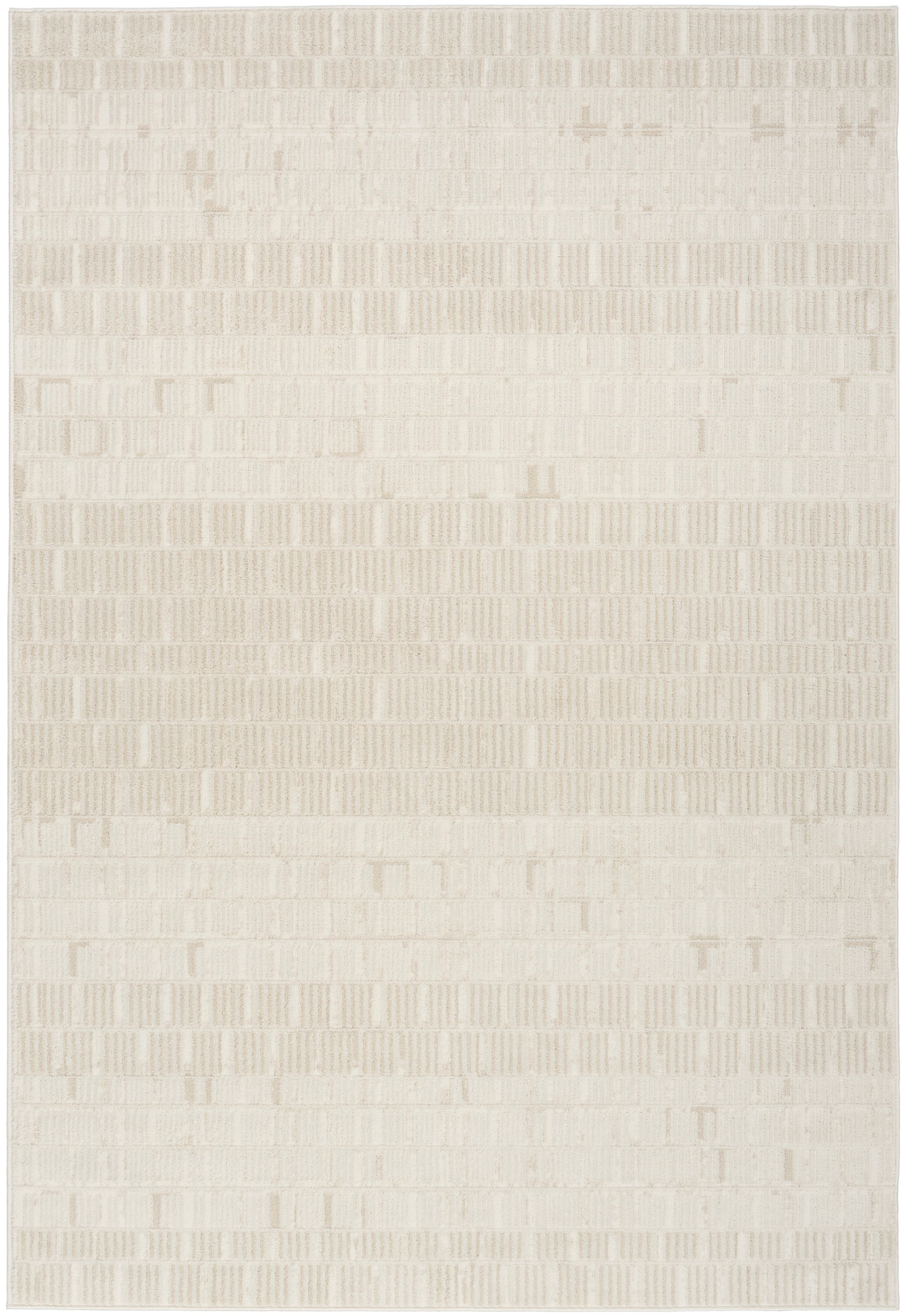 Beige textured woven rug with subtle geometric rectangular pattern, modern minimalist style.
