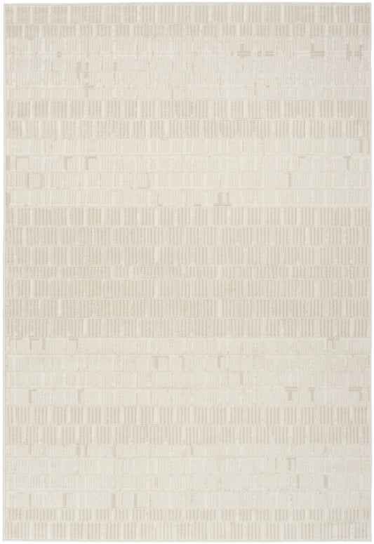 Beige textured woven rug with subtle geometric rectangular pattern, modern minimalist style.