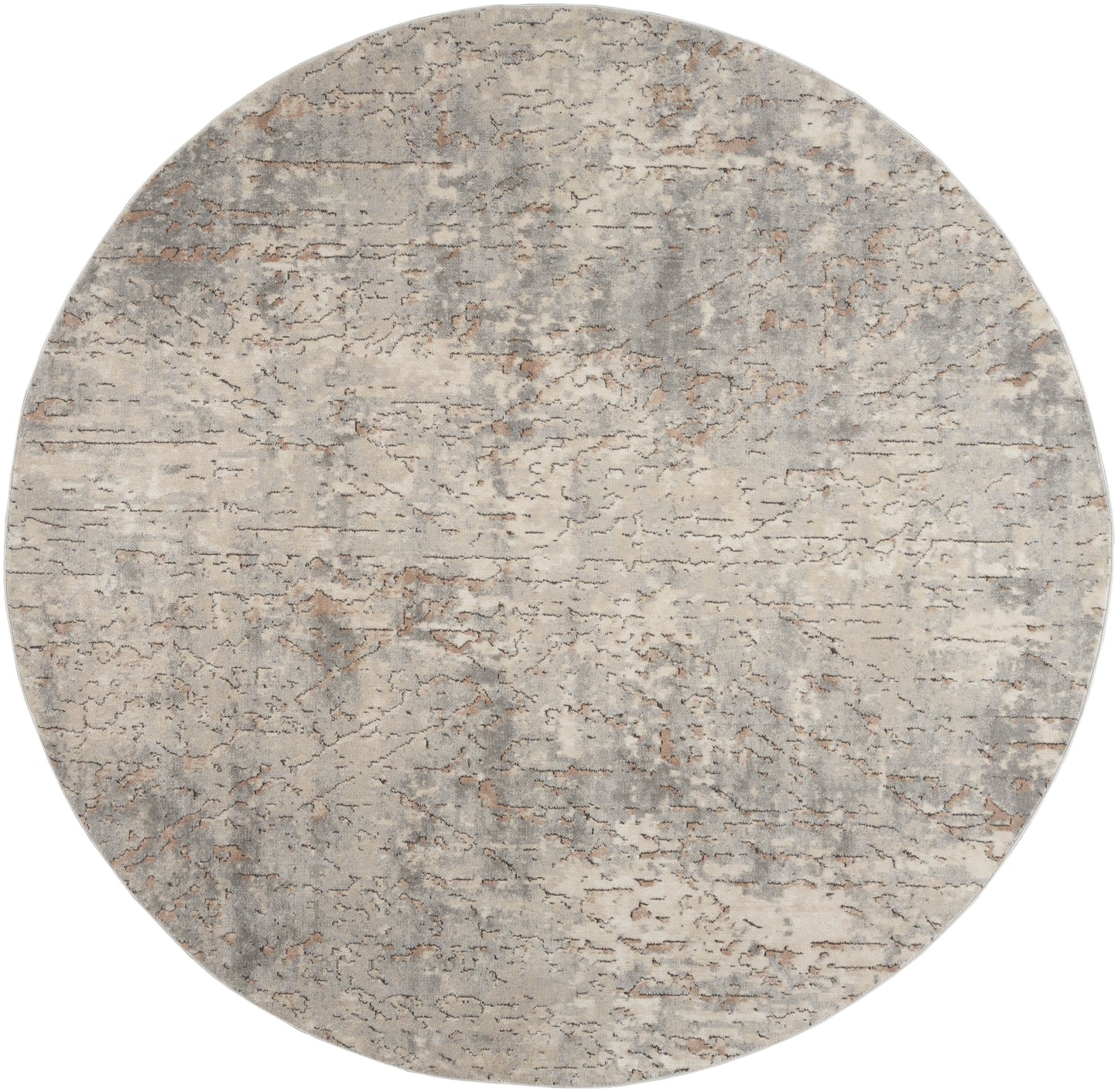 Round rug with a distressed concrete-gray and beige mottled pattern, textured surface.