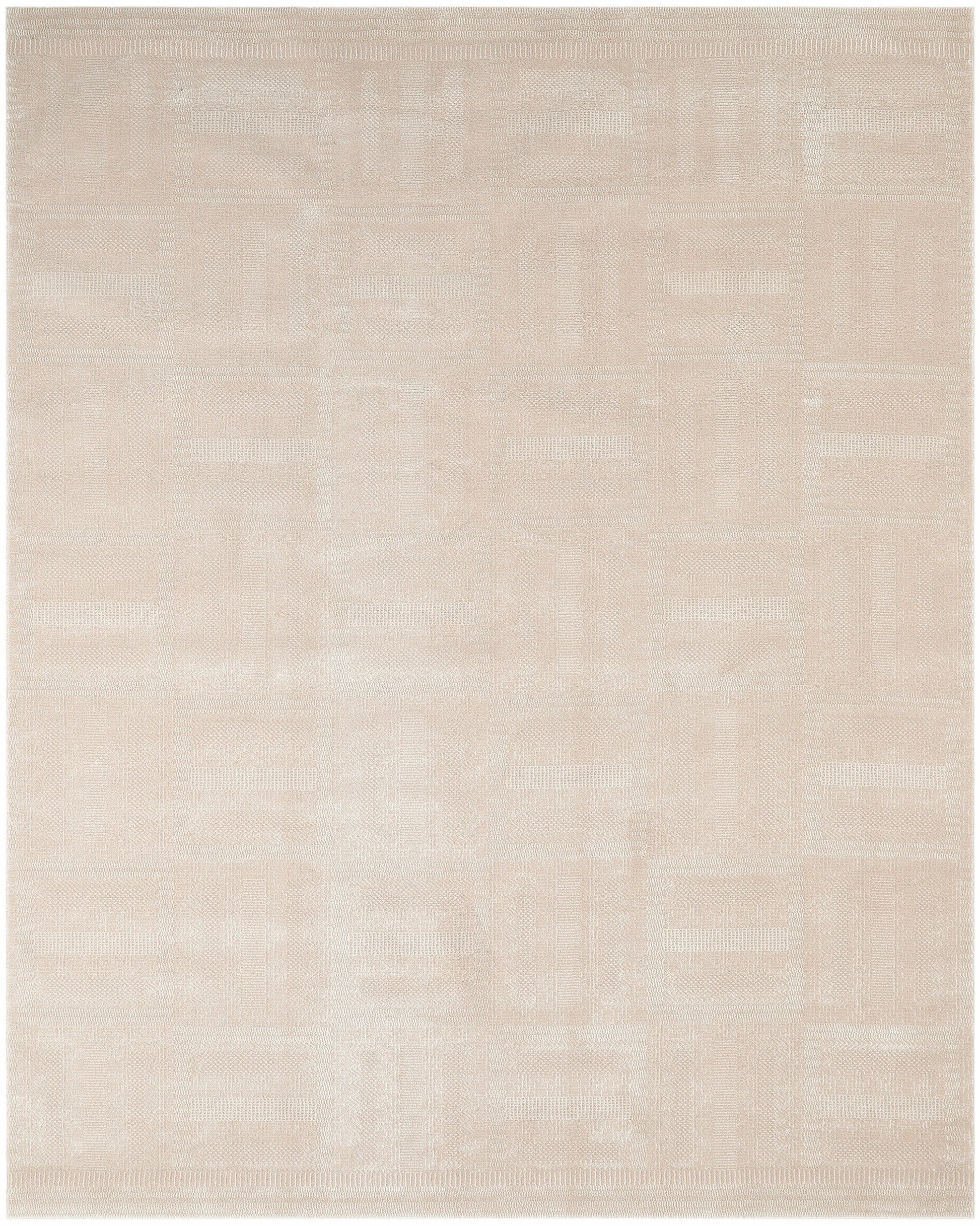 Beige flat-weave area rug with subtle cream geometric block pattern; neutral, modern, low-pile.