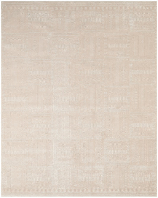 Beige flat-weave area rug with subtle cream geometric block pattern; neutral, modern, low-pile.