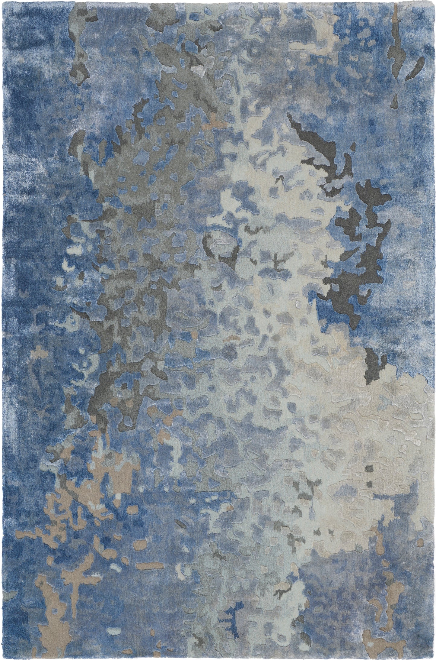Abstract blue area rug with cream and gray patches in a soft, modern, irregular mosaic pattern.