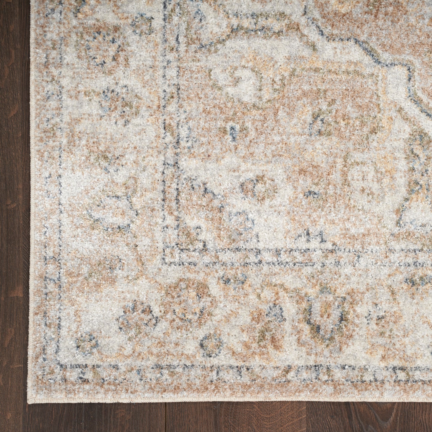 Rectangular beige distressed oriental rug with blue-gray border on dark wood floor.