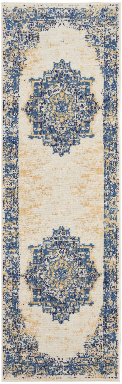 Oriental-style vintage 6' runner rug with ivory field, blue distressed medallions and decorative border.