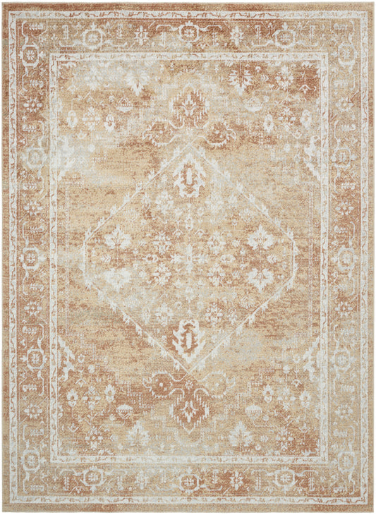 Beige oriental rug with ivory border and central diamond medallion, featuring subtle floral motifs.