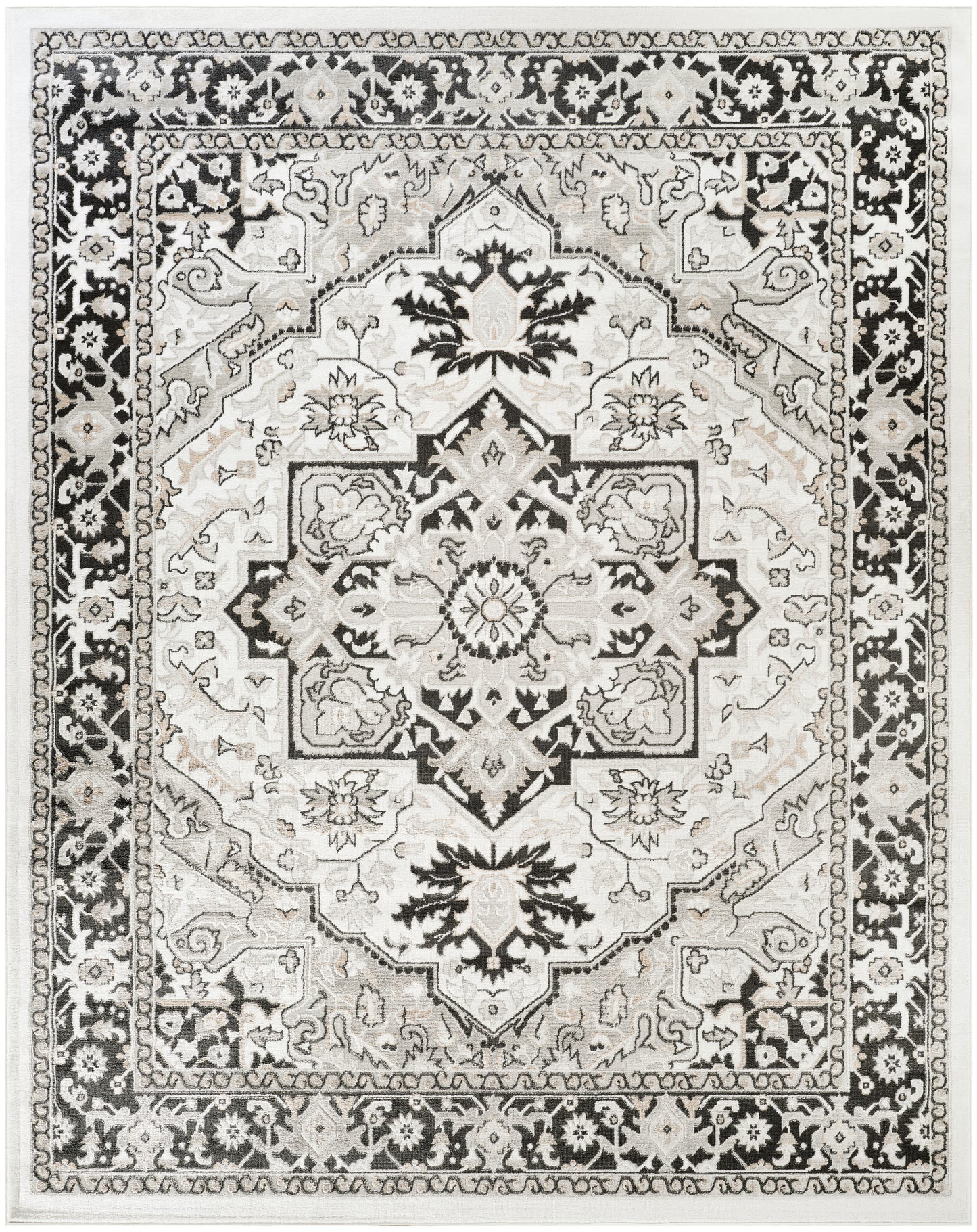 Rectangular ivory-and-black Persian-style woven rug with central medallion and floral borders; traditional living-room floor decor