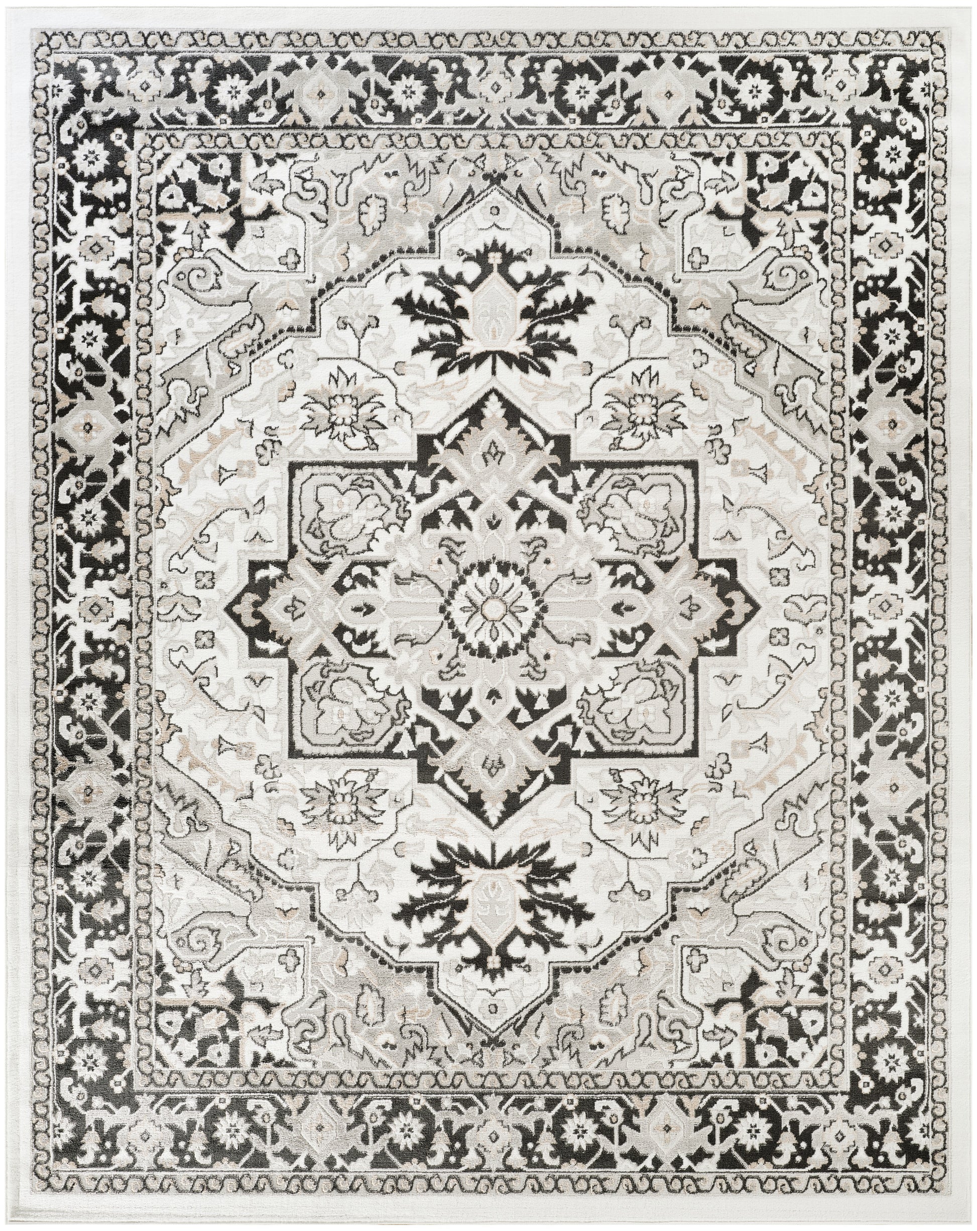 Rectangular ivory-and-black Persian-style woven rug with central medallion and floral borders; traditional living-room floor decor