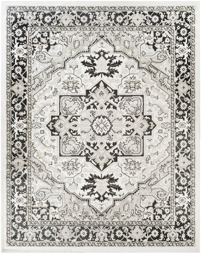 Rectangular ivory-and-black Persian-style woven rug with central medallion and floral borders; traditional living-room floor decor
