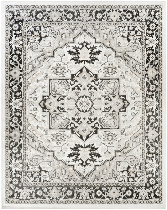 Rectangular ivory-and-black Persian-style woven rug with central medallion and floral borders; traditional living-room floor decor