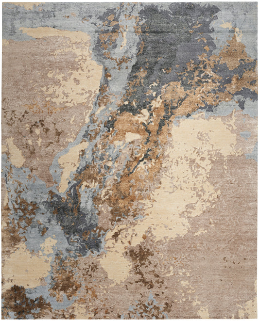 8’ x 10’ Nourison Silk Shadows beige blue abstract area rug, soft modern neutral design with subtle sheen, oversized contemporary living room rug, luxury statement carpet for bedroom, coastal home, or open concept décor.