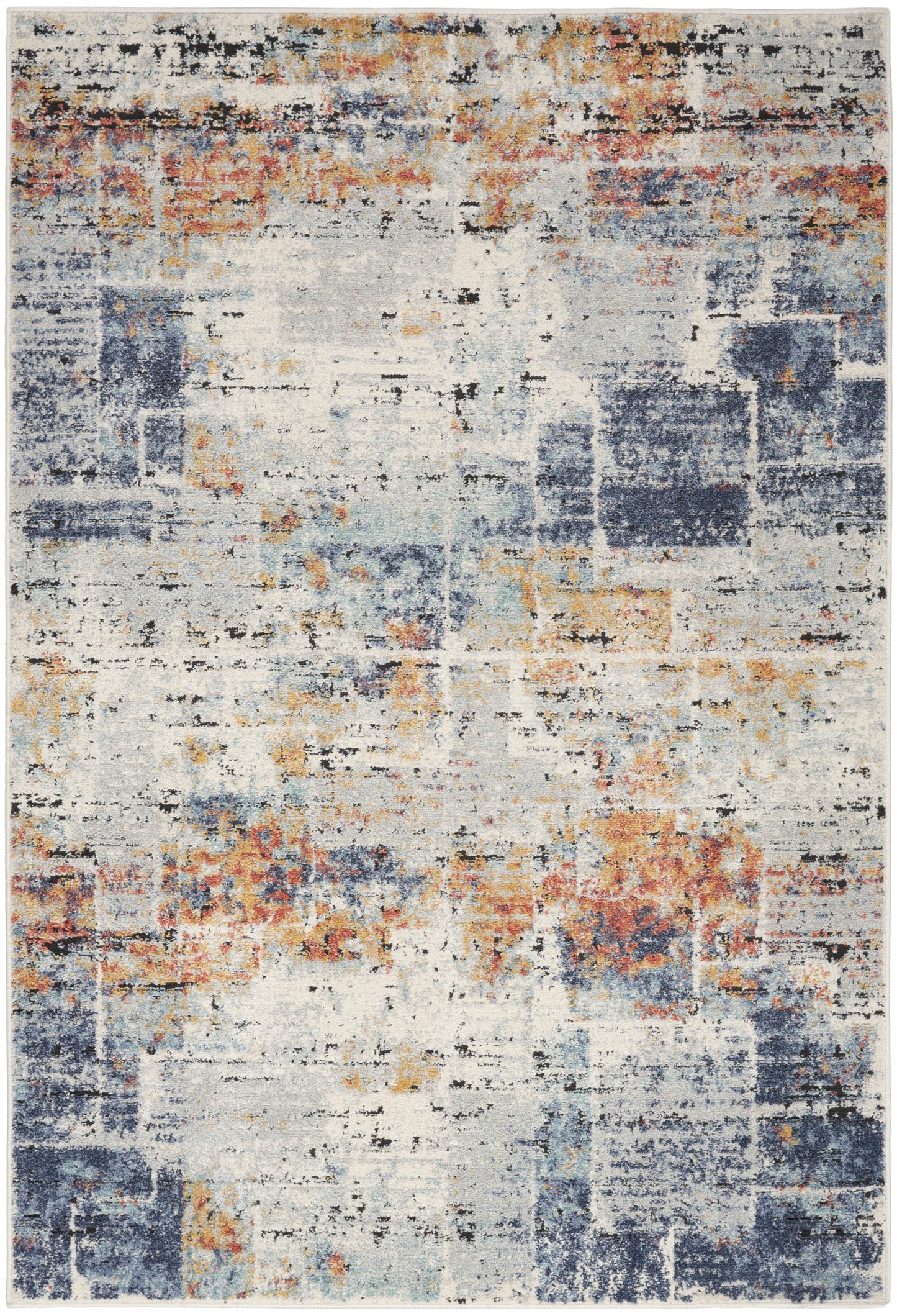 Rectangular 5' x 7' abstract distressed area rug with ivory base and blue, navy, orange, and mustard blotches.