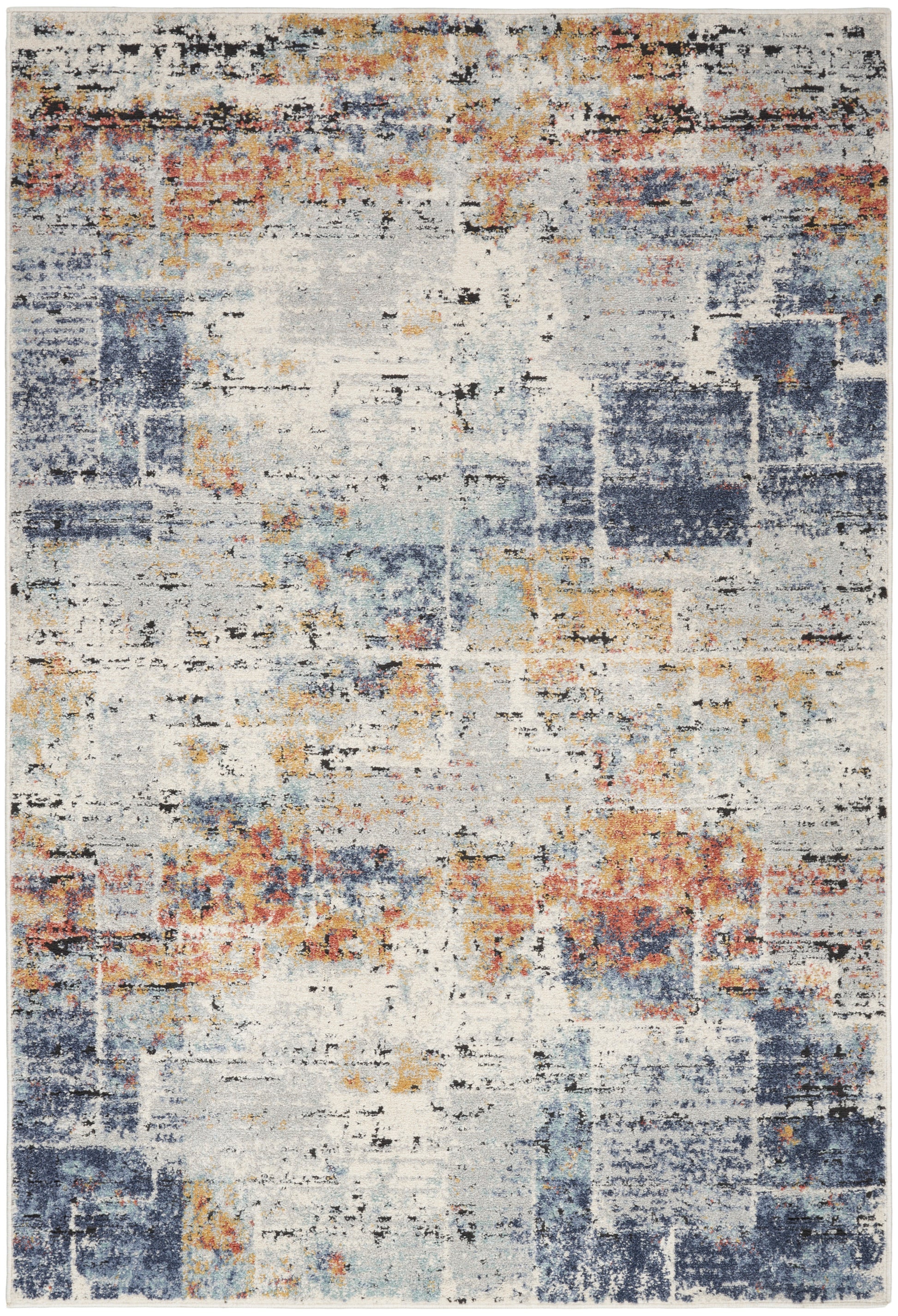 Rectangular 5' x 7' abstract distressed area rug with ivory base and blue, navy, orange, and mustard blotches.