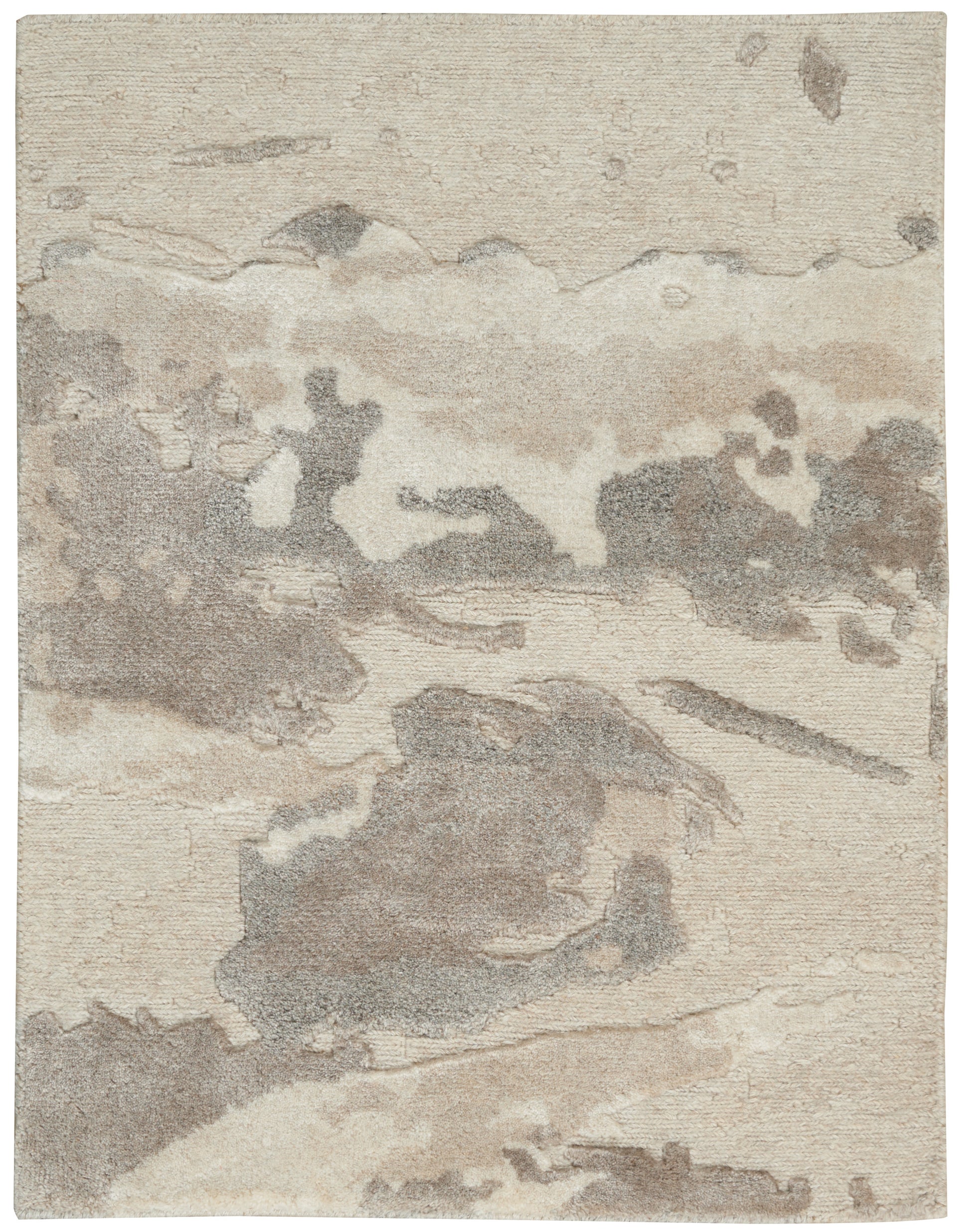 Neutral abstract area rug in beige, taupe, and gray; soft textured pile for modern living spaces.